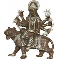 Durga (Devi/Shakti) - Principal form of the Goddess, also known as Devi and Shakti. Best quality statue hand work in Nepal Silver and Brown Mixed Color - Medium Size