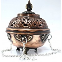 Natural Herbal Incense Burner (mixed raw powder, small pieces burning) hanging, Bronz with fine decoration - Small Size