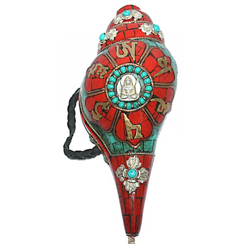 Conch Shell, powerful ancient healing (therapeutic) instrument, Hand work, Turquoise stone filled with Om Mane Padhme Hum, Green Color - Medium Size Conch Shell, powerful ancient healing (therapeutic) instrument, Hand work, Turquoise stone filled with Om Mane Padhme Hum, Green Color - Medium Size