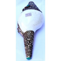 Metal Conch Shell(SHANKHA), powerful ancient healing (therapeutic) instrument, Hand work, Beautiful Design, White Color - Medium Size